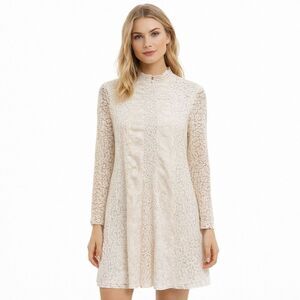 HD In Paris Dress Womens Medium White Lace Long Sleeve High Neck Shift Party